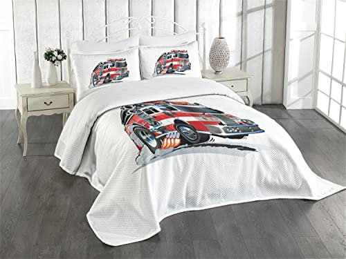 ABAKUHAUS LKW Tagesdecke Set, Feuerwehr LKW, Set mit Kissenbezügen Sommerdecke, für Einzelbetten 170 x 220 cm, Babyblau Scharlachrot