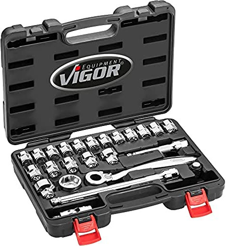 Vigor Satz (12,5 mm (1/2“) Vierkantabtrieb, superflache Umschaltknarre 20 mm Flacher, Diverse Steckschlüssel und Bits, 24 Einzelteile) V7202, schwarz-silber