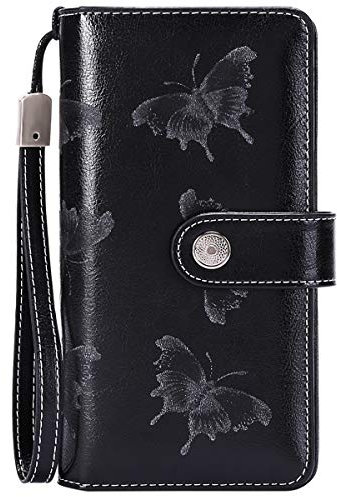 Geldbörse Damen Leder Gross Geldbeutel Damen Groß Viele Fächer mit 24 Kartenfächer Lang Portemonnaie Frauen RFID Schutz Damen Portmonee Leder mit Handyfach und Reißverschluss (Schmetterling Black)