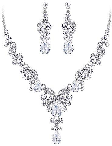 EVER FAITH Strass Kristall Hochzeit Floral Wave Teardrop Halskette Ohrringe Set Klar Silber-Ton