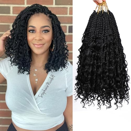 Boho Box Braids Crochet Hair with Curly Hair Pre Loop Long Black Messy Goddess Box Braids Extensions de cheveux pour femmes noires (35.56 cm (Lot de 8), 1B#)