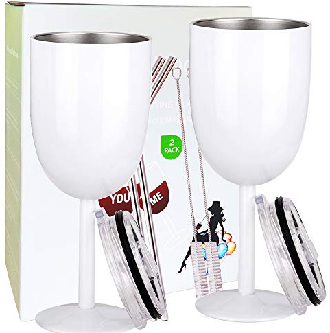 AMZUShome Stainless Steel Wine Glasses (2 Pack).Double Walled Vacuum Insulated Wine Tumbler Cups with Lid and Straw.Friendship,Christmas,Birthday Gifts for Women Men Friends Dad Mom (10oz White)