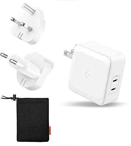 Spigen 45W Switchable Plug for Travel UK EU US Wall Charger 20W Dual Output PD 3.0 for iPhone 15 14 13 12 Plus Pro Max Mini Samsung Galaxy S23 S22 Ultra Plus iPad Macbook Air Steam Deck and More