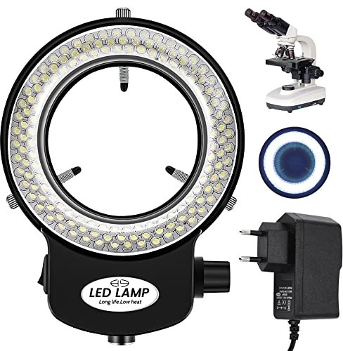 Tiamu 144 LED Mikroskop Ringlicht, Optische Stereomikroskop Ringleuchte 0-100% Einstellbar Lampe, 6000K Super Perlen Helligkeit Ringleuchte, Schmuck Reparatur Lampe (EU Plug, Schwarz)