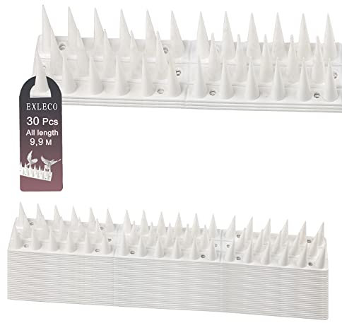 EXLECO 30pcs Pinchos Antipájaros 10M Plástico Pinchos Antipalomas 3 Filas Pinchos 3,5CM de Alto Trampas para Palomas Ahuyentador Palomas para Balcón, Techo y Ventanas | Blanco