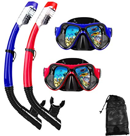 DIPUKI Adult Snorkeling Equipment, Snorkel Mask Set, Diving Mask, Dry Snorkel, Swimming Goggles, Nose Protection (Red + Blue (2 Pack))