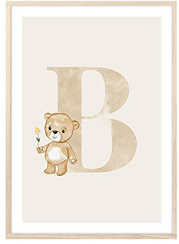 MeinBaby123® Buchstaben Poster DIN A4 Kinderzimmer Mädchen und Junge | Babyzimmer Deko | Bilder Kinderzimmer | Geschenkideen zur Geburt | Anfangsbuchstabe B (süßer Bär)