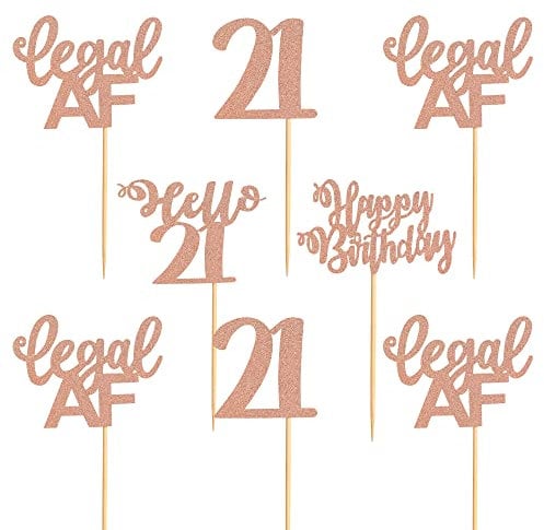 Blumomon Rose Gold Glitter Cupcake Toppers - Happy Birthday & 21st Theme Cake Decorations