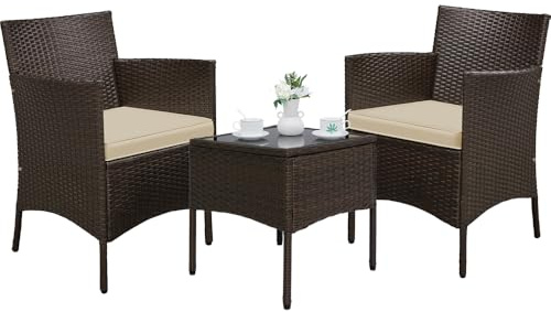 Yaheetech Salon de Jardin Exterieur Ensemble Mobilier de Jardin 2 Personnes Fauteuils et Table Basse Plateau Verre 2 Coussins Tressée pour Balcon Marron