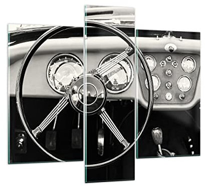 Mehrteilige Bilder auf Glas Lenkrad Auto Vintage Glasbild 95x80cm Wandbilder Dekoration Wohnzimmer Schlafzimmer Küche Set 3 teilige Groß Wanddeko Bild im Glas Wand Kunstdruck Art Modern GCB95x80-4853