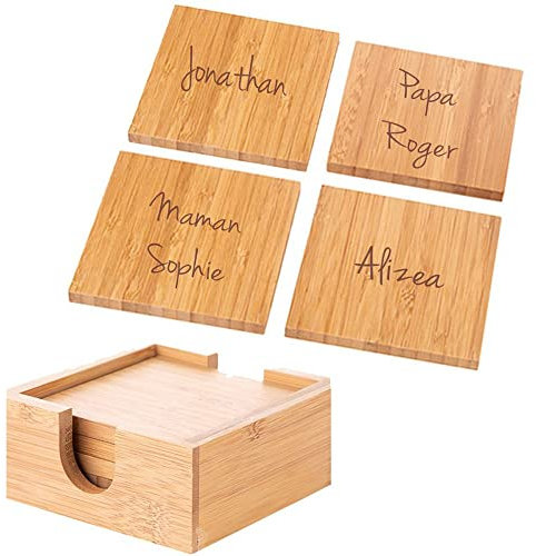 4 Dessous de Verre en Bois personnalisé gravé avec Support Assorti – sous Verre en Bambou avec Gravure Texte – Cadeau Homme Personnalisable