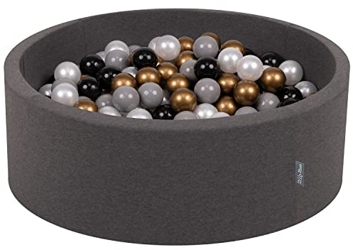 KiddyMoon Bällebad 90X30cm/300 Bälle ∅ 7Cm Bällepool Mit Bunten Bällen Für Babys Kinder Rund, Dunkelgrau:Schwarz/Perle/Gold/Grau