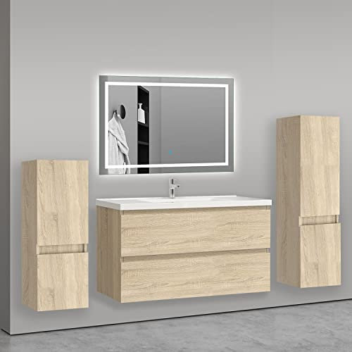 AICA sanitaire Ensemble de Meuble de Salle de Bain chêne Clair 99cm+Vasque+Miroir+Colonne Meuble Salle de Bain-Armoire de Rangement-Meubles-lavabos