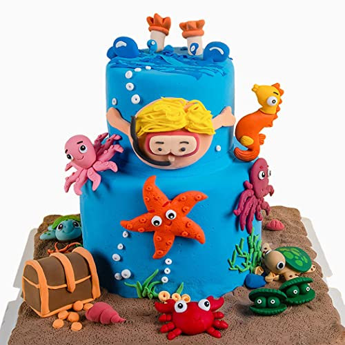 7 Pcs Handmade Ocean Sea Animals Cake Toppers Sea Creatures Theme Birthday Cake Decoration Starfish Turtle Crab Ornaments Baby Shower Party Supplies