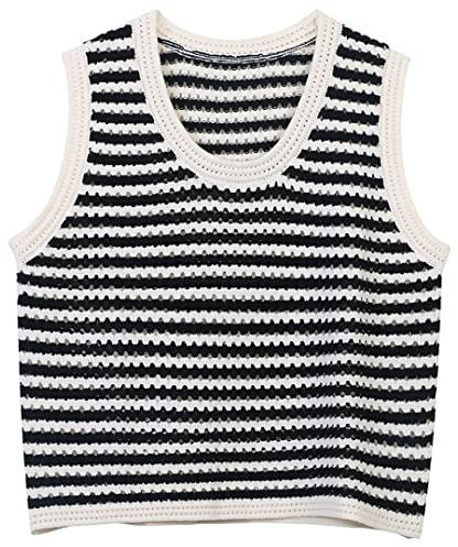 Sommer Gestrickte Crop Tops für Frauen 2022 Koreanisch Weiß Schwarz Gestreift ANK Top O-Ausschnitt Ärmellos Schwarz M