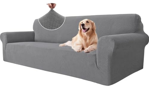 Ystyle Sofa überzug 4 Sitzer Mit Armlehne, Stretch Sofabezug rutschfest, Modern Sofa Cover Für Hunde Haustiere, Atmungsaktiv Couch überzug Mit Elastic Bottom, Hellgrau