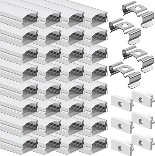 60 Pack 3.3FT 1Meter U Shape LED Strip Aluminum Channel Diffuser System with Cover, End Caps and Mounting Clips, Easy Cut Installed Curved Profile, Aluminum Profile for LED Strip Light Installations