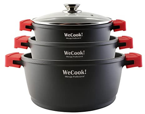 WECOOK! Ecostone Batería Cocina Inducción 6 Piezas, Aluminio Fundido 5mm, 3 Ollas, Antiadherente XTRA DUPON sin PFOA, Set Cazuelas Tapas Cristal, Asas Silicona, Vitrocerámica, Gas, Stone3, Negro
