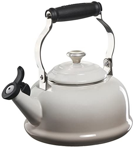 Le Creuset Enamel On Steel Whistling Tea Kettle with Metal Finishes, 1.7 qt., Meringue