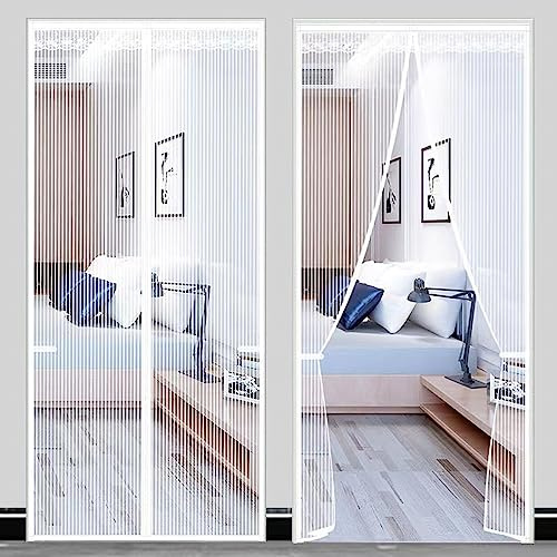 Magnetic Fly Screen Door, Heavy Duty Bug Mesh Curtain with Powerful Magnets and Full Frame Magic Tape, Insect Protection Door No Gap, Keep Bugs Out Lets Fresh Air in (80×200, White)