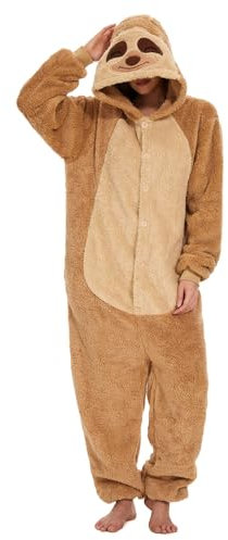 Xinlong Schlafanzug Damen Lang für Halloween Kölner Karneval mit Kapuze Taschen Animal Nachtwäsche Faultier Oversized Kostüme Schlafanzug Unisex