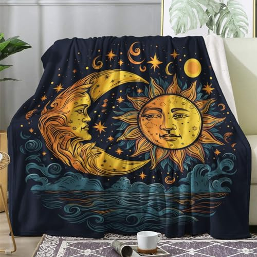 Kuscheldecke Flauschig Sonne Mond und Sterne, Decke Wolldecke 150x200 ästhetisch, Flanell Sofadecke Blanket XL, Fleecedecke Wohndecke Schlafdecke Winter Warm Weich, Deko Decken für Couch Bed