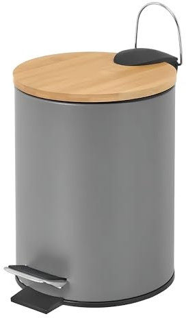 Papelera de Baño Metal con Tapa de Bambú 3 Litros, Cubo de Basura con Tapa y Pedal (Gris)