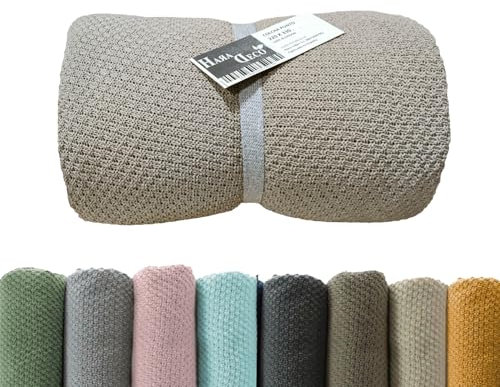 HaraDeco Mantas para Cama Sofá 100% Algodón Tacto Suave, Manta Decorativa para Pie de Cama, Plaid Cubrecama de Punto Fabricado Nacional(Arena, 220x260cm)