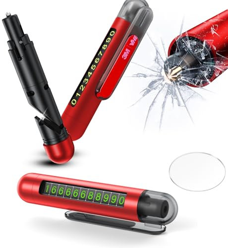 DATEFUN Mini Martello di Sicurezza per Auto - 3 in 1 Taglia Cinture di Sicurezza e Rompivetro con Targa del Numero di Telefono - Strumento di Emergenza Portatile per Auto (Red)