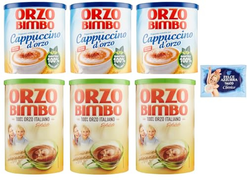 6er-Pack Testpaket Orzo Bimbo Löslich-Gersten-Cappuccino 150g + Orzo Bimbo Löslich-Gersten 200g,eine koffeinfreie Alternative + 1er-Pack Kostenlos Felce Azzurra Talkumpuder, 100g-Beutel