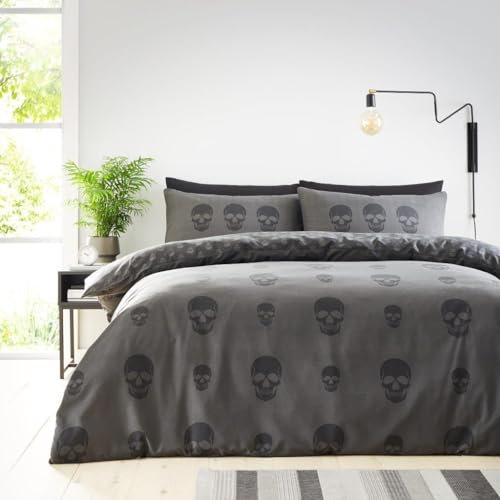 GC GAVENO CAVAILIA Bettwäsche-Set für Einzelbetten (135 x 200 cm), Totenkopf-Bettwäsche und Leinen, wendbare Bettbezüge, Polyester-Baumwoll-Mischgewebe, waschbares Leinen, Anthrazit