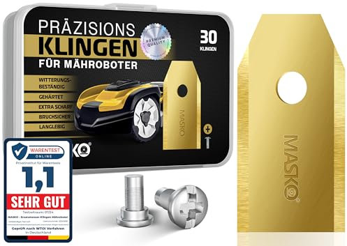 MASKO® Ersatzmesser Klingen für Mähroboter | Rasenmäher Messer universal inkl. innovativen Schrauben | Ersatzklingen Rasenroboter langlebig Titan-Beschichtung Kompatibel mit Gardena/Husqvarna 30 Stück