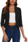 LADI TREND Women's Suits & Blazers Cropped 3/4 Ruched Sleeve Jackets Elegant Linen Open Front Suit (Black M)