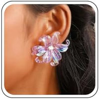 TseenYi Pendientes flores acrílico bohemio Pendientes grandes flores moradas Pendientes pétalos flores resina grandes Pendientes tachuelas florales circonia cúbica enormes Pendientes acrílico flores