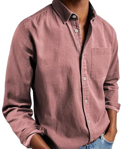 Chemise Oxford unie légère et décontractée en coton pour homme - Chemise boutonnée à manches longues pour homme - Chemise habillée infroissable avec poche Oxford, rose, XXL