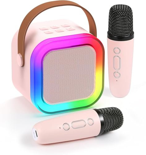 Karaoke Machine for Kids Adults, Mini Karaoke Machine with 2 Wireless Microphone, Portable Bluetooth Speaker with Voice Changing Effects & LED Lights, Best Gifts Toys for Girls and Boys