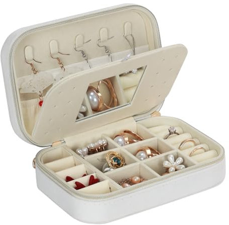 Schmuckkästchen Klein, Schmuckaufbewahrung für Mädchen, Schmuckkästchen Reise mit Spiegel, Flanell Jewelry Box Ohrringe Aufbewahrung, Schmuckkasten für Ringe, Ohrstecker, Armbänder, Halsketten, Beige