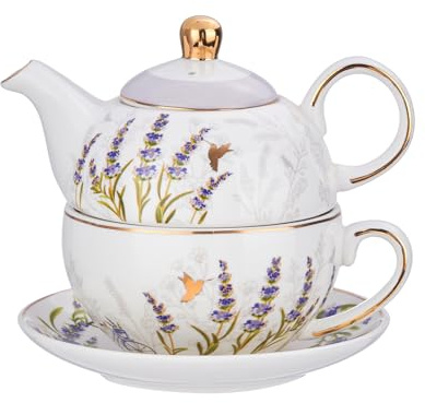 CHILDIKE Tea for One Set, Teapot for One and Cup Set, Tea Set for One, Floral Teapot, Tea Set for Gift, Women, Lavender (White Background)