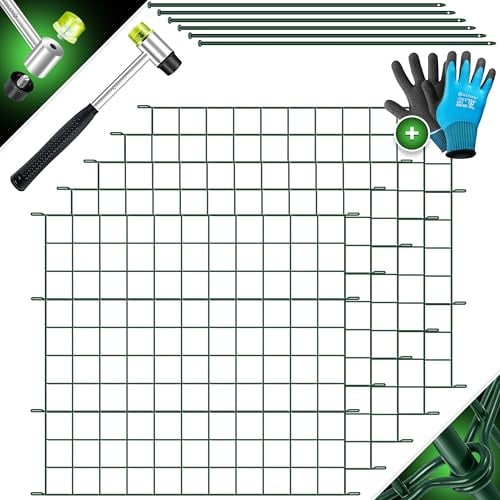 KESSER® Teichzaun Gartenzaun Steckzaun Komplettset Metall 5x Gerade Inkl. Handschuhe, 1x Hammer + 6 Befestigungsstäben, Zaun zum stecken für Garten, Gitterzaun Set Freigehege für Tiere