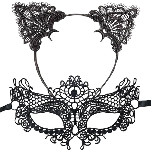 TNSOYCA Katzenohren Haarreif und Katzenmaske, Schwarze Lace Maske und Haarband mit Katzenohren, für Frauen Maskerade Masken Katzenkostüm Damen Zubehör Make Up Party Favors