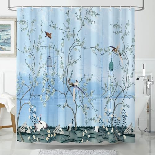 Hopomoon Kunstvoll gestalteter Duschvorhang mit blauem Hintergrund, Baum-, Vogel- und Blumenmuster, wasserabweisender Duschvorhang für die Badezimmerdekoration, 180 x 180 cm mit 12 Haken