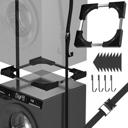 JHCHU Slimline Washer Dryer Stacking Kit, Universal Ultra-Thin Frame for 45–68 cm Appliances, Space-Saving Design with Lightweight Aluminum Ratchet Strap (Black)