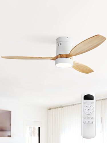 Sofucor Ventilateur Plafond avec Lumiere, 132 cm Lampe Ventilateur Plafond Bois Massif, Telecommande, 6 Vitesses, Silencieux DC Réversibles, Minuterie pour Chambre