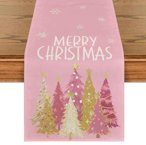 Artoid Mode Rosa Bäume Sterne Merry Christmas Weihnachten Tischläufer, Winter Küche Tisch Dekoration Drinnen Urlaub Party Dekor 40x140 cm