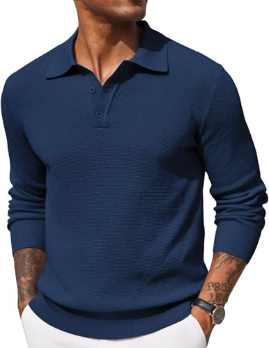 COOFANDY Mens Polo Jumper Long Sleeved Poloshirts Sweater | Fine Knit Winter