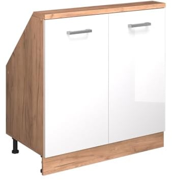 Vicco Dachschrägenschrank Rion, Weiß Hochglanz/Goldkraft Eiche | B80 x T46 cm, mit 2 Türen, platzsparend für Dachschrägen