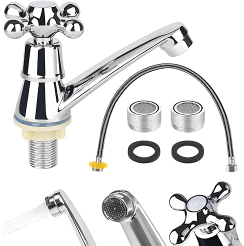 Kaltwasserhahn Küche Set, Wasserhahn Bad Kaltwasser, Kaltwasserarmatur mit 58cm Anschlussschlauch, Kaltwasserhahn Gäste WC Langlebig Waschtischarmaturen Geeignet für Waschbecken Küche und Bad