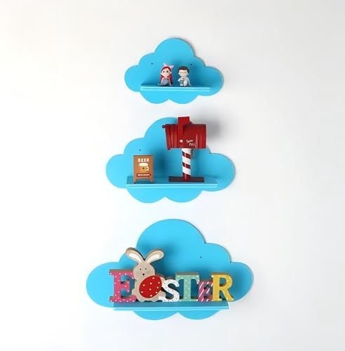 TIMENIL Cloud Wandregal 3er Set, Weiß Schweberegale für Kinderzimmer Dekor, Schwebendes Wandregal Dekoratives Schlafzimmer Kinderzimmer Display Einheit Kinder Wolkenregale (Blau)