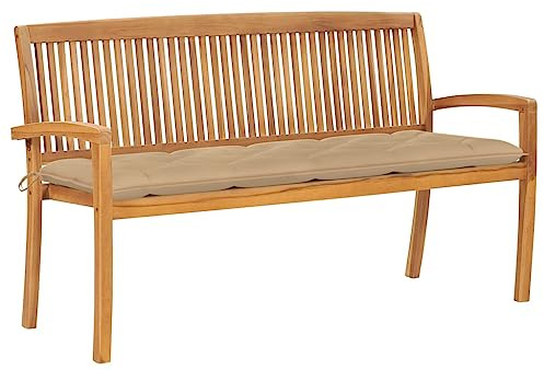 QJBSAVVA Gartenbank aus massivem Teakholz 159 cm mit Beiger Auflage stapelbar und witterungsbeständig für Terrasse Garten und Balkon