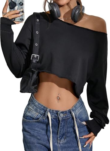 GORGLITTER Sweatshirt Damen Elegant Crop Tops Asymmetrischer Kragen Langarmshirt Langarm Bauchfreies Oberteil Locker Freizeitshirt Schwarz S